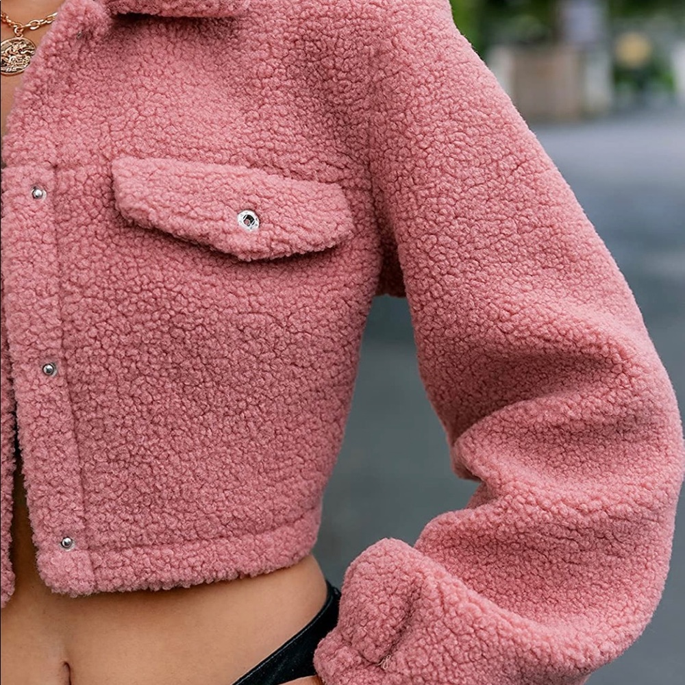 Fuzzy Fleece Jacket Cropped Button Down Lapel Sherpa Jacket Pink Blush - Picture 5 of 10